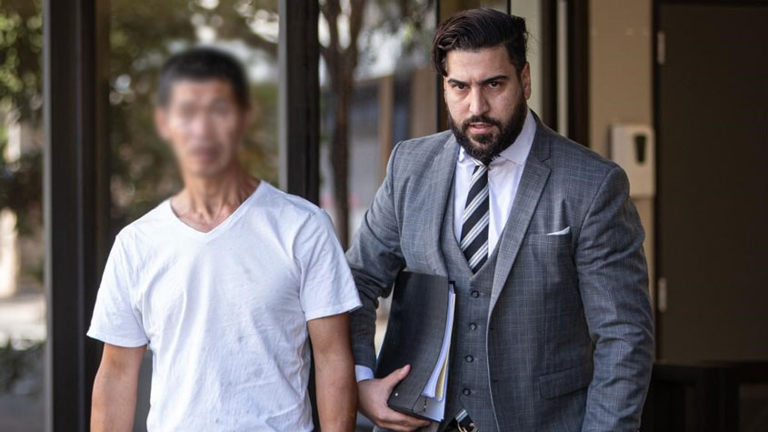 The ex-real estate agent pictured leaving Parramatta Local Court with his lawyer Mohammed Algalele.